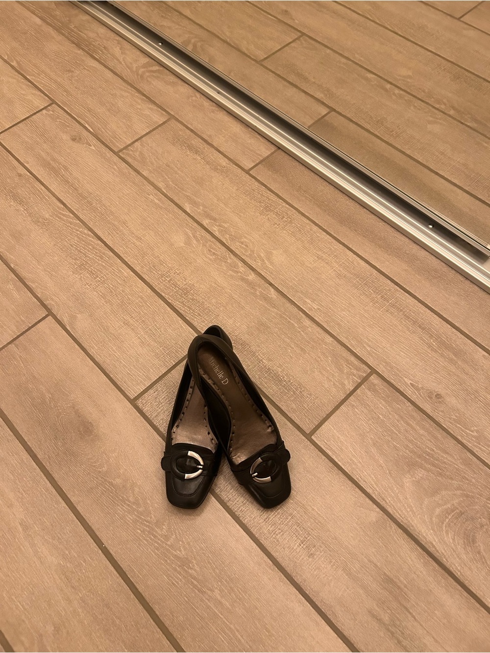 Michelle D Black Leather Loafers with Metal Accent